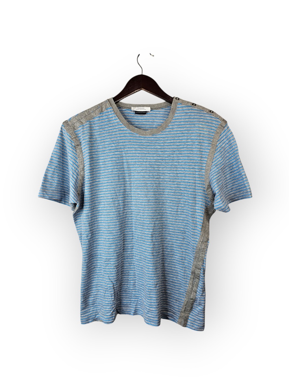 Versace Collection Men's Gray & Blue Striped T-Shirt Shoulder Button Detail - Picture 2 of 6